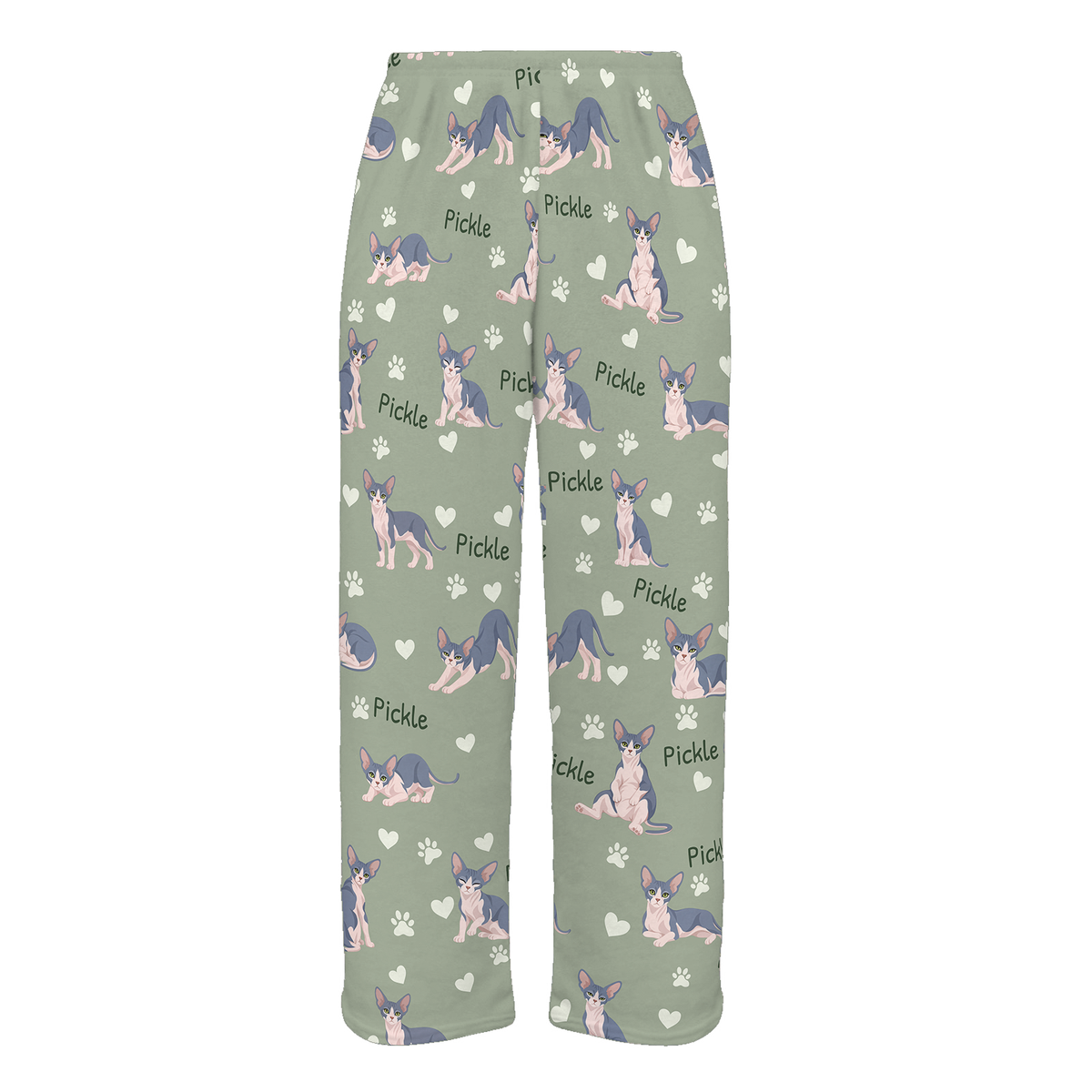 Personalized Sphynx Blue And White Skin Pigmentation Cat Pajama Pants, Custom Pet Name Fleece Trousers — 03 Soft Sage — full-trouser view