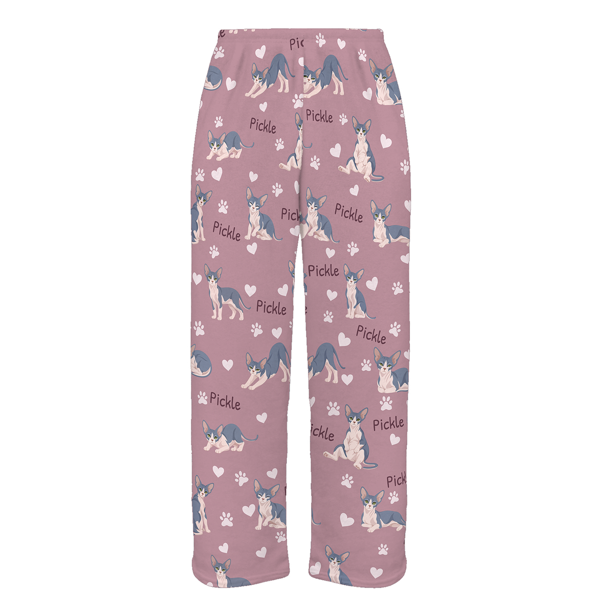 Personalized Sphynx Blue And White Skin Pigmentation Cat Pajama Pants, Custom Pet Name Fleece Trousers — 04 Dusty Rose — full-trouser view