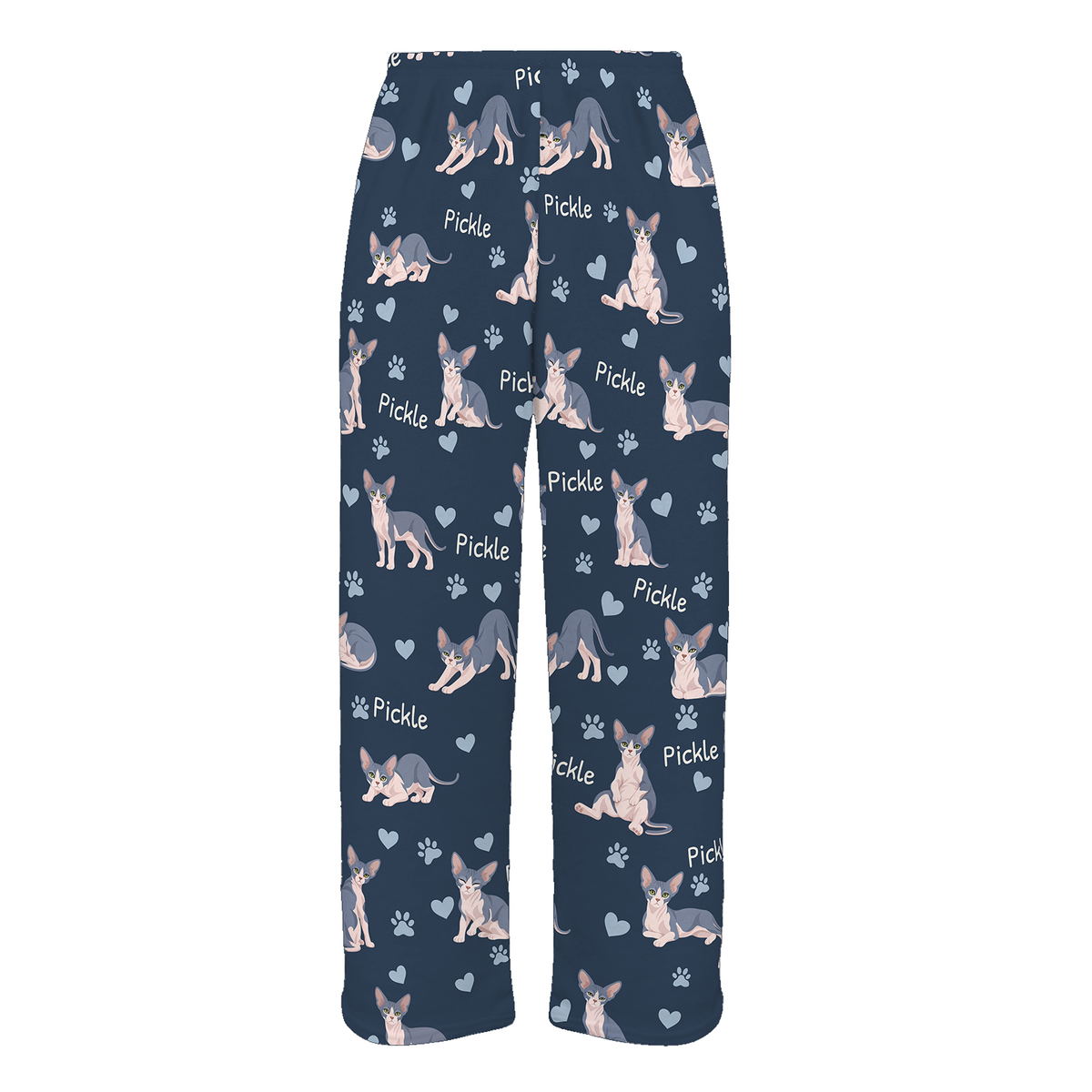 Personalized Sphynx Blue And White Skin Pigmentation Cat Pajama Pants, Custom Pet Name Fleece Trousers — 05 Deep Navy — full-trouser view