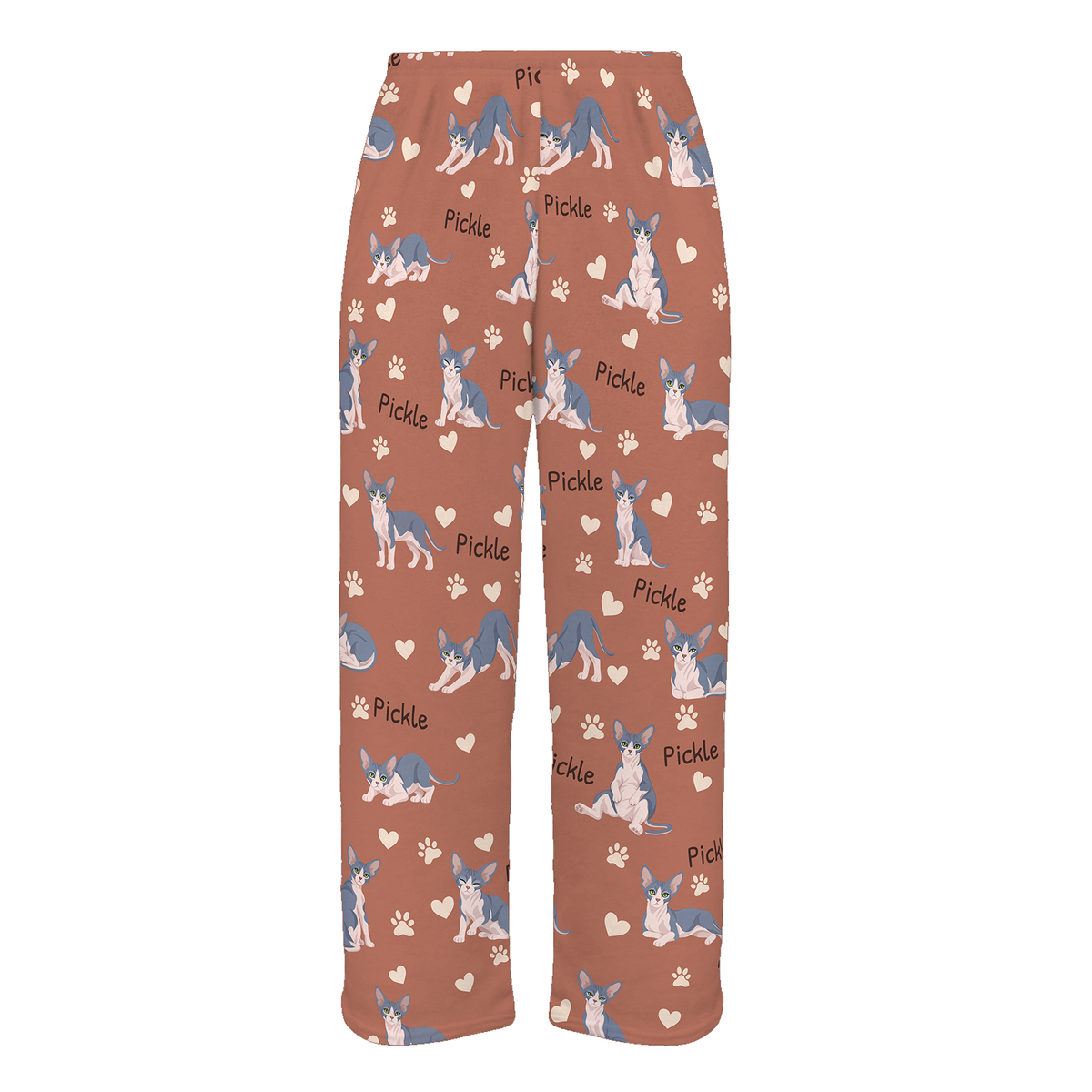 Personalized Sphynx Blue And White Skin Pigmentation Cat Pajama Pants, Custom Pet Name Fleece Trousers — 06 Muted Terracotta — full-trouser view