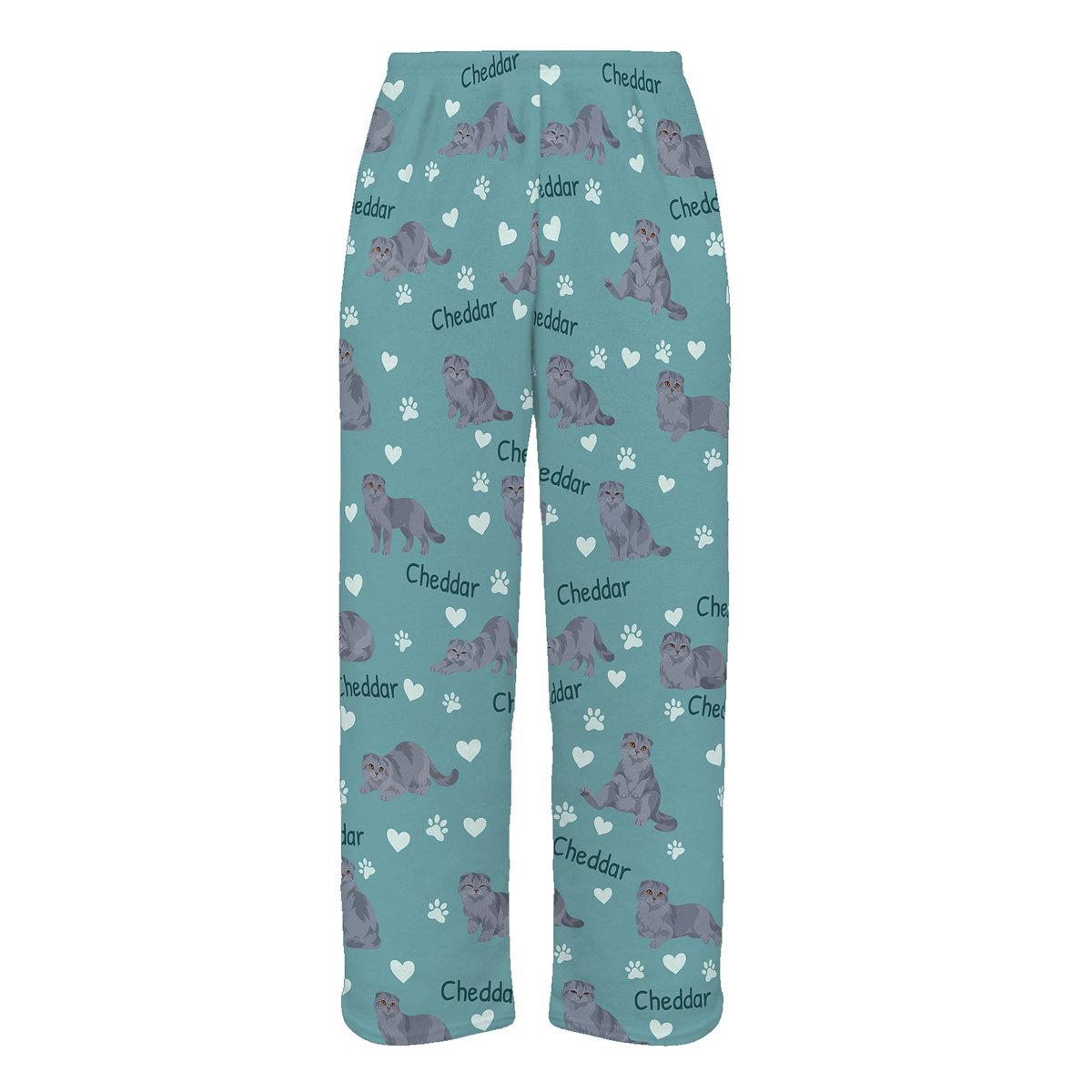 Personalized Scottish Fold Solid Blue Gray Cat Pajama Pants, Custom Pet Name Fleece Trousers — 01 Muted Teal — full-trouser view