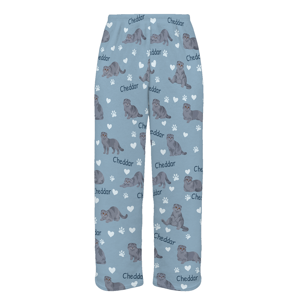 Personalized Scottish Fold Solid Blue Gray Cat Pajama Pants, Custom Pet Name Fleece Trousers — 02 Dusty Blue — full-trouser view
