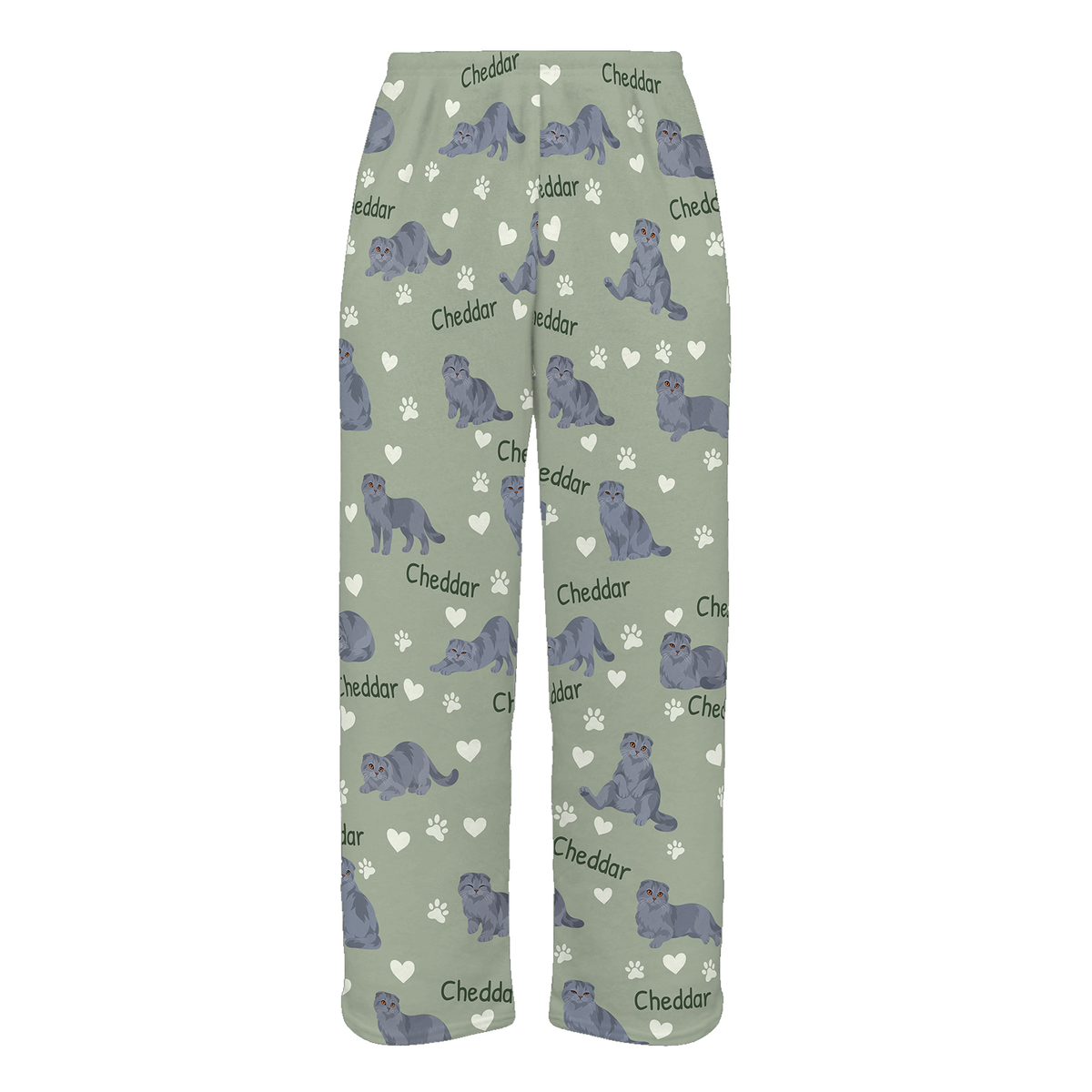 Personalized Scottish Fold Solid Blue Gray Cat Pajama Pants, Custom Pet Name Fleece Trousers — 03 Soft Sage — full-trouser view