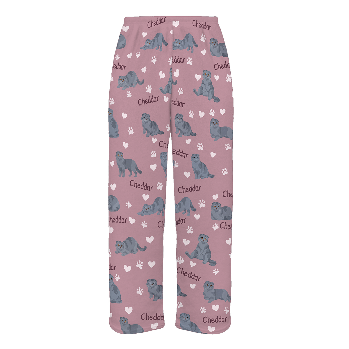 Personalized Scottish Fold Solid Blue Gray Cat Pajama Pants, Custom Pet Name Fleece Trousers — 04 Dusty Rose — full-trouser view