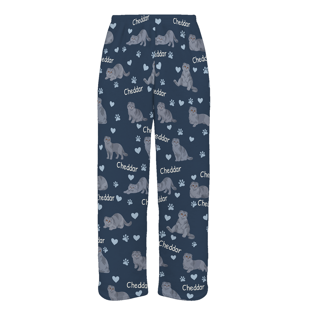 Personalized Scottish Fold Solid Blue Gray Cat Pajama Pants, Custom Pet Name Fleece Trousers — 05 Deep Navy — full-trouser view