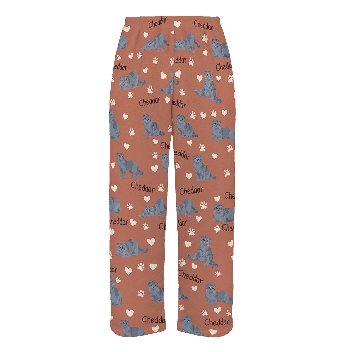 Personalized Scottish Fold Solid Blue Gray Cat Pajama Pants, Custom Pet Name Fleece Trousers — 06 Muted Terracotta — full-trouser view