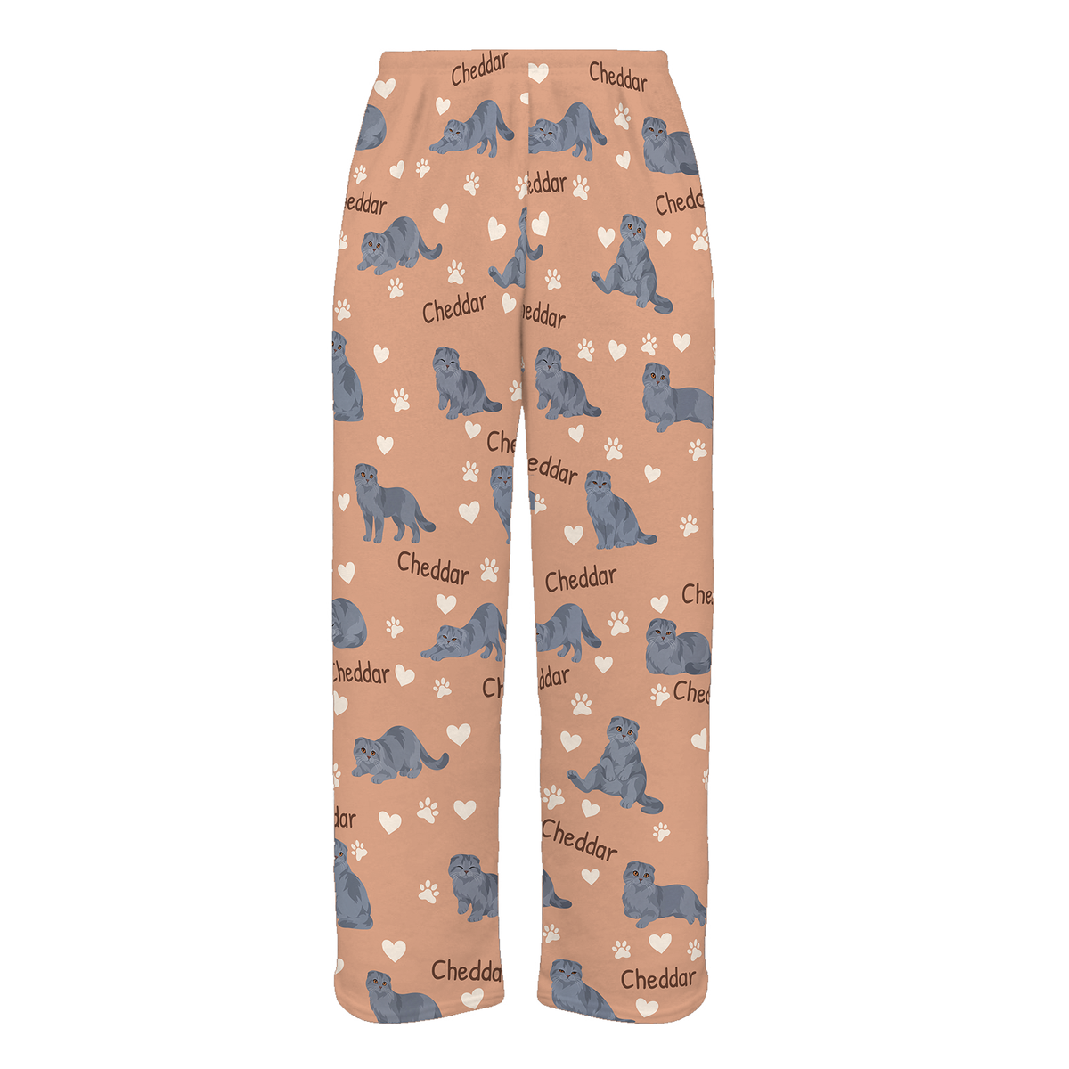 Personalized Scottish Fold Solid Blue Gray Cat Pajama Pants, Custom Pet Name Fleece Trousers — As shown — full-trouser view
