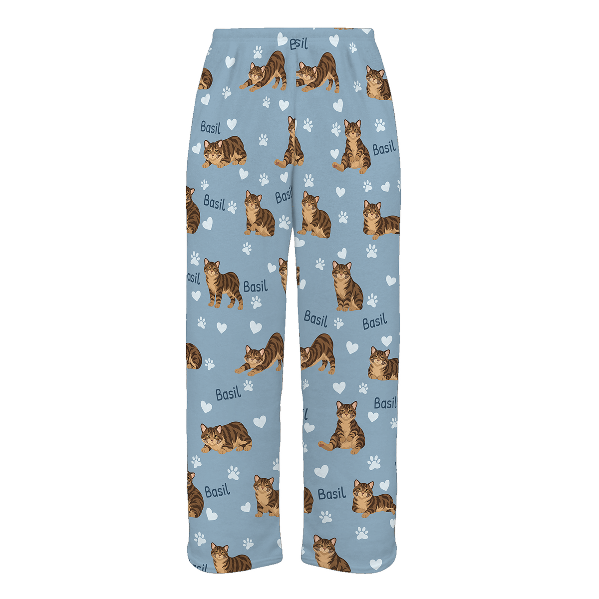 Personalized Manx Brown Tabby Cat Pajama Pants, Custom Pet Name Fleece Trousers — 02 Dusty Blue — full-trouser view