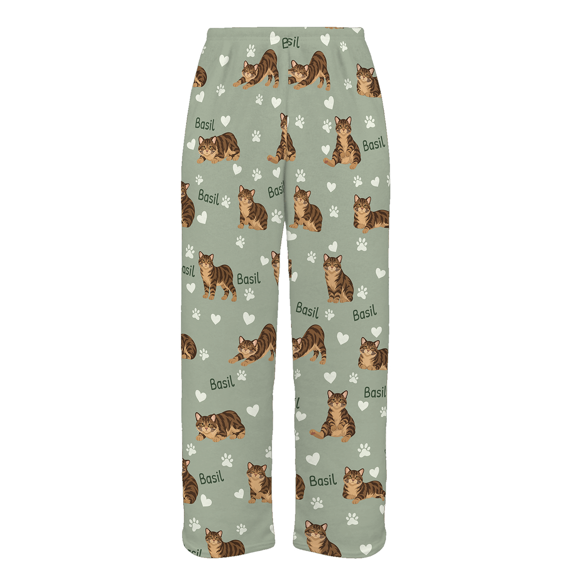 Personalized Manx Brown Tabby Cat Pajama Pants, Custom Pet Name Fleece Trousers — 03 Soft Sage — full-trouser view