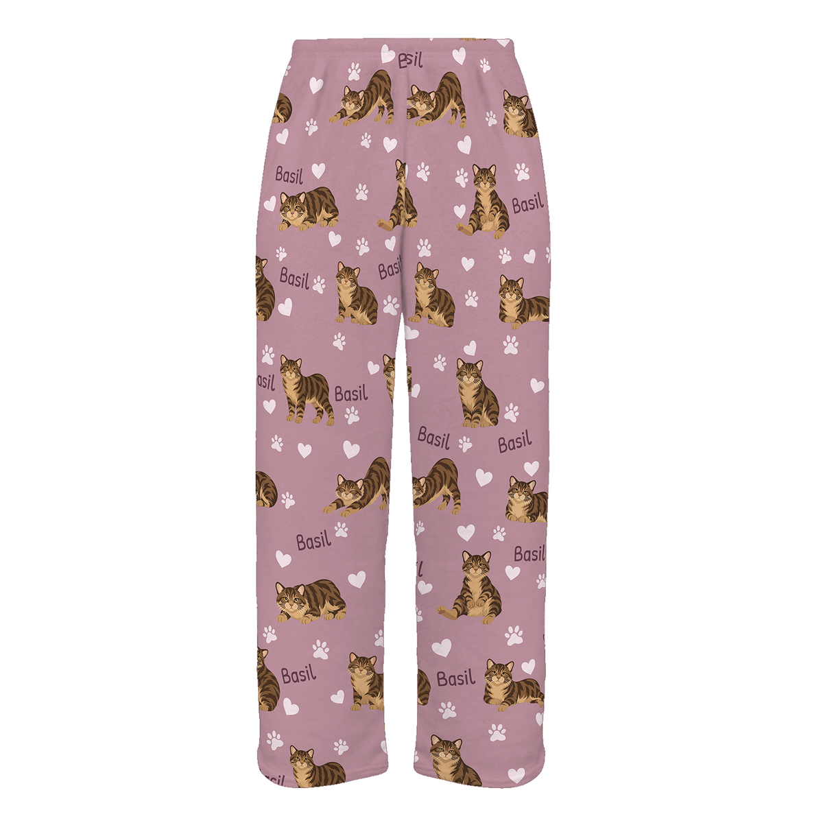 Personalized Manx Brown Tabby Cat Pajama Pants, Custom Pet Name Fleece Trousers — 04 Dusty Rose — full-trouser view