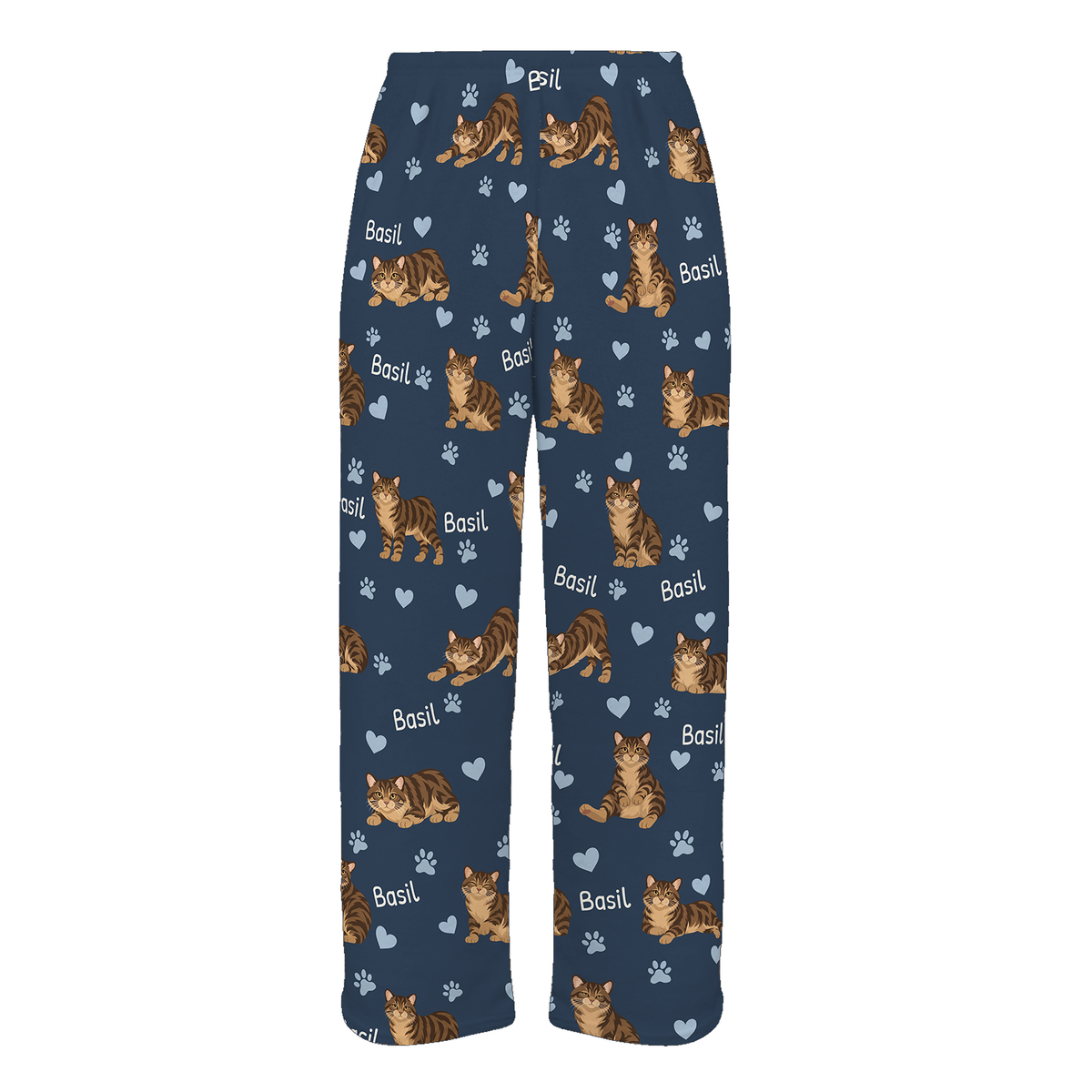 Personalized Manx Brown Tabby Cat Pajama Pants, Custom Pet Name Fleece Trousers — 05 Deep Navy — full-trouser view