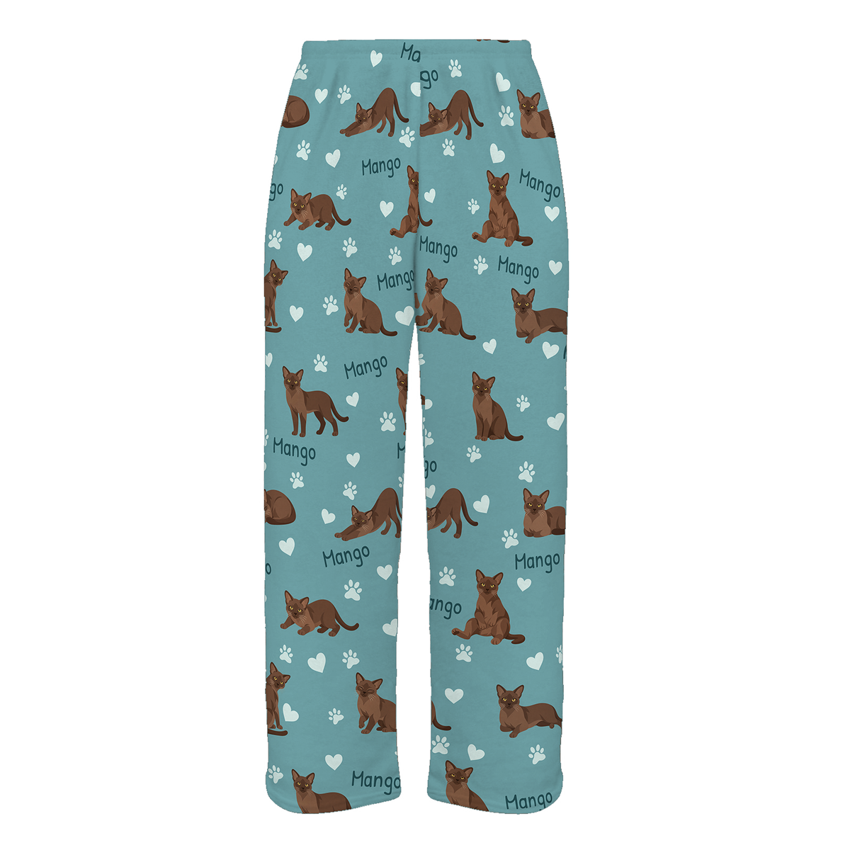 Personalized European Burmese Warm Brown Cat Pajama Pants, Custom Pet Name Fleece Trousers — 01 Muted Teal — full-trouser view