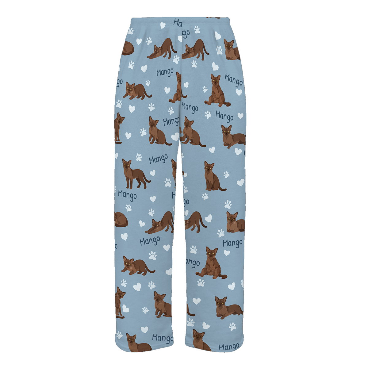 Personalized European Burmese Warm Brown Cat Pajama Pants, Custom Pet Name Fleece Trousers — 02 Dusty Blue — full-trouser view