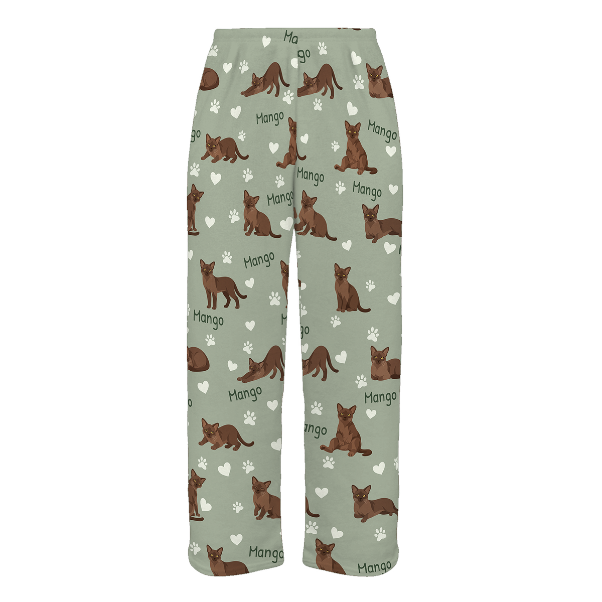 Personalized European Burmese Warm Brown Cat Pajama Pants, Custom Pet Name Fleece Trousers — 03 Soft Sage — full-trouser view