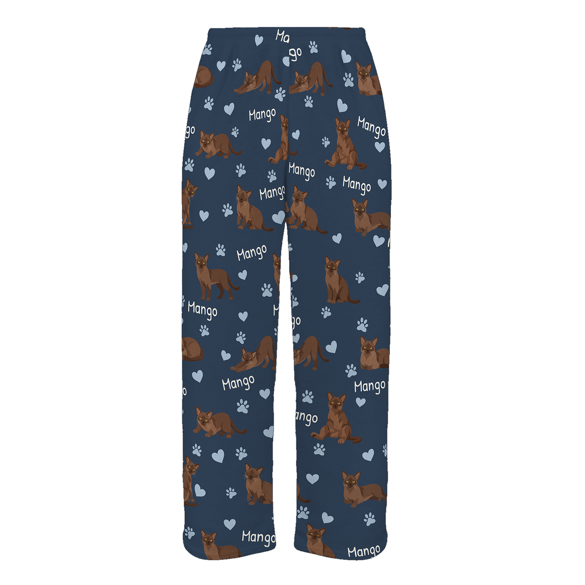 Personalized European Burmese Warm Brown Cat Pajama Pants, Custom Pet Name Fleece Trousers — 05 Deep Navy — full-trouser view