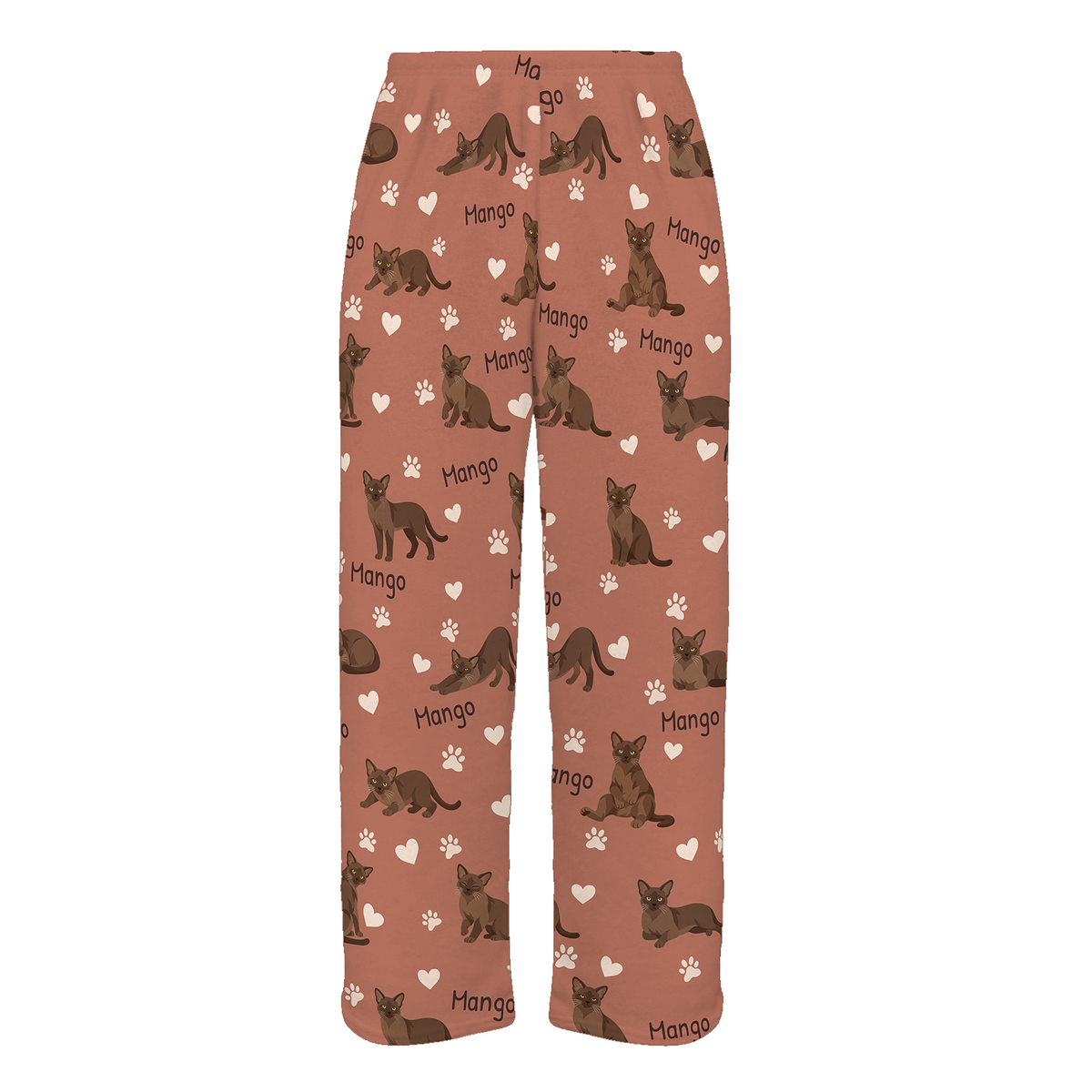 Personalized European Burmese Warm Brown Cat Pajama Pants, Custom Pet Name Fleece Trousers — 06 Muted Terracotta — full-trouser view