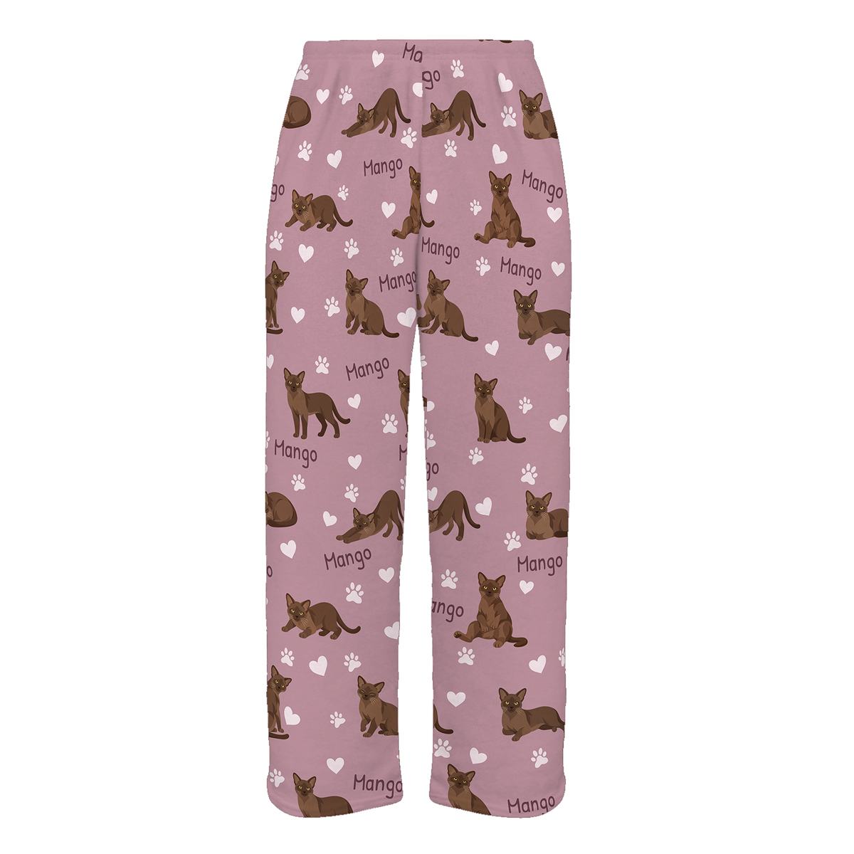 Personalized European Burmese Warm Brown Cat Pajama Pants, Custom Pet Name Fleece Trousers — As shown — full-trouser view