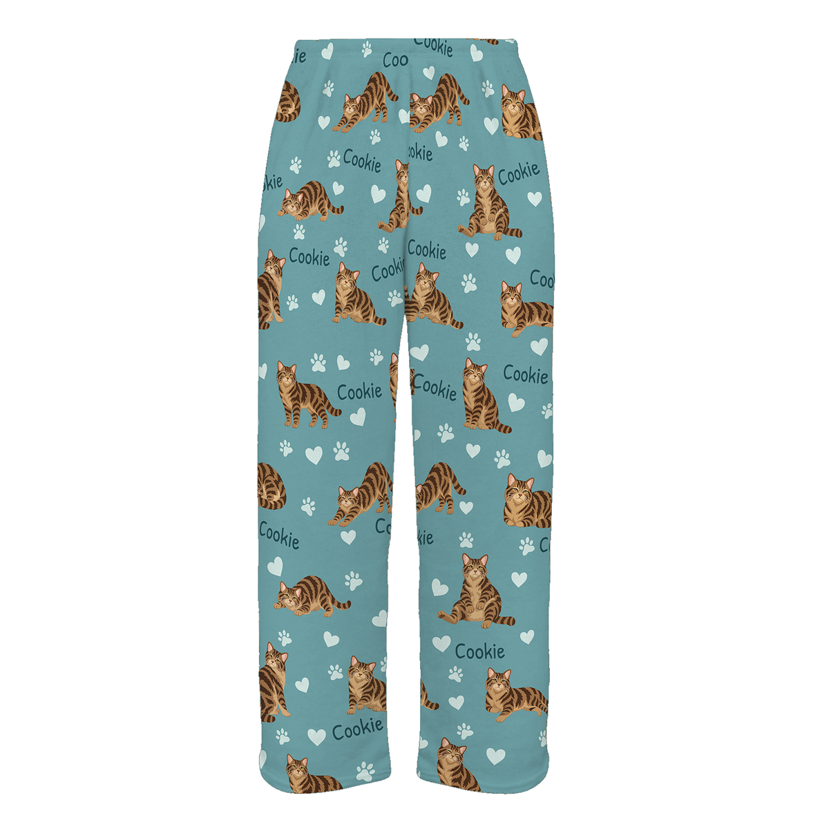 Personalized American Wirehair Brown Tabby Cat Pajama Pants, Custom Pet Name Fleece Trousers — 01 Muted Teal — full-trouser view