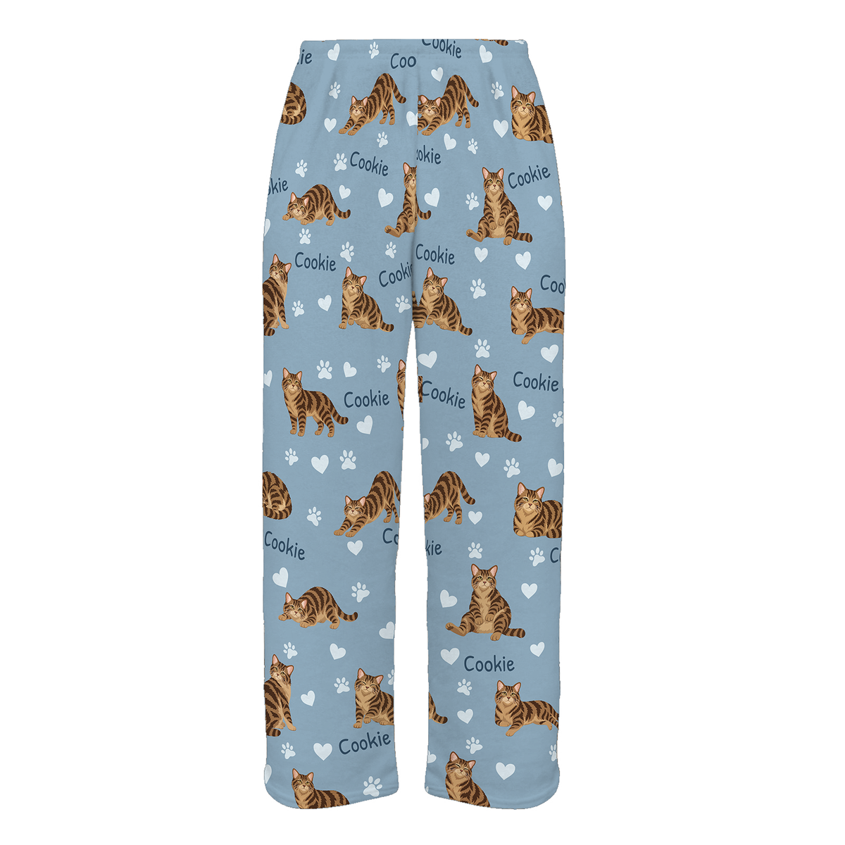Personalized American Wirehair Brown Tabby Cat Pajama Pants, Custom Pet Name Fleece Trousers — 02 Dusty Blue — full-trouser view