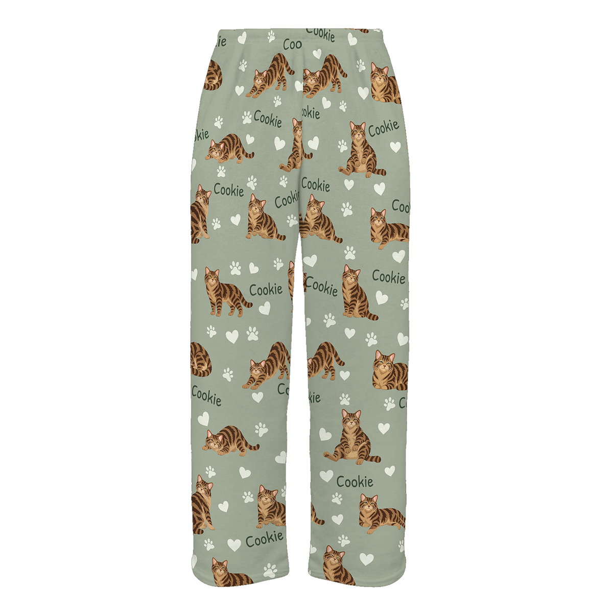 Personalized American Wirehair Brown Tabby Cat Pajama Pants, Custom Pet Name Fleece Trousers — 03 Soft Sage — full-trouser view