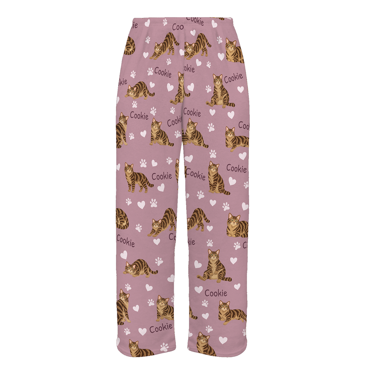 Personalized American Wirehair Brown Tabby Cat Pajama Pants, Custom Pet Name Fleece Trousers — 04 Dusty Rose — full-trouser view
