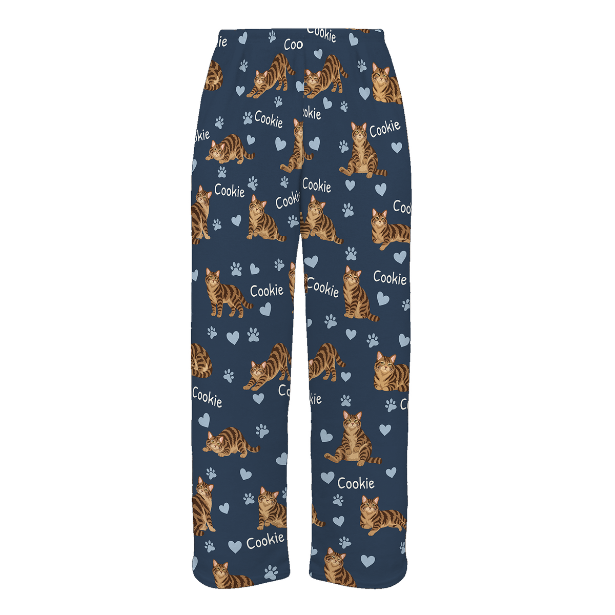 Personalized American Wirehair Brown Tabby Cat Pajama Pants, Custom Pet Name Fleece Trousers — 05 Deep Navy — full-trouser view
