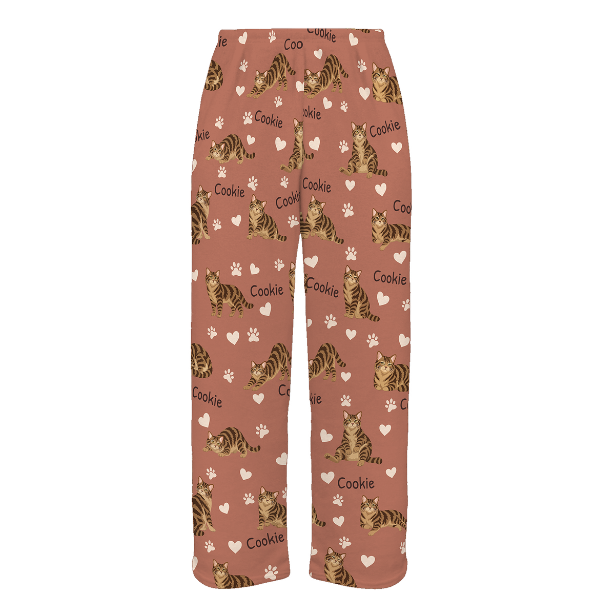 Personalized American Wirehair Brown Tabby Cat Pajama Pants, Custom Pet Name Fleece Trousers — 06 Muted Terracotta — full-trouser view