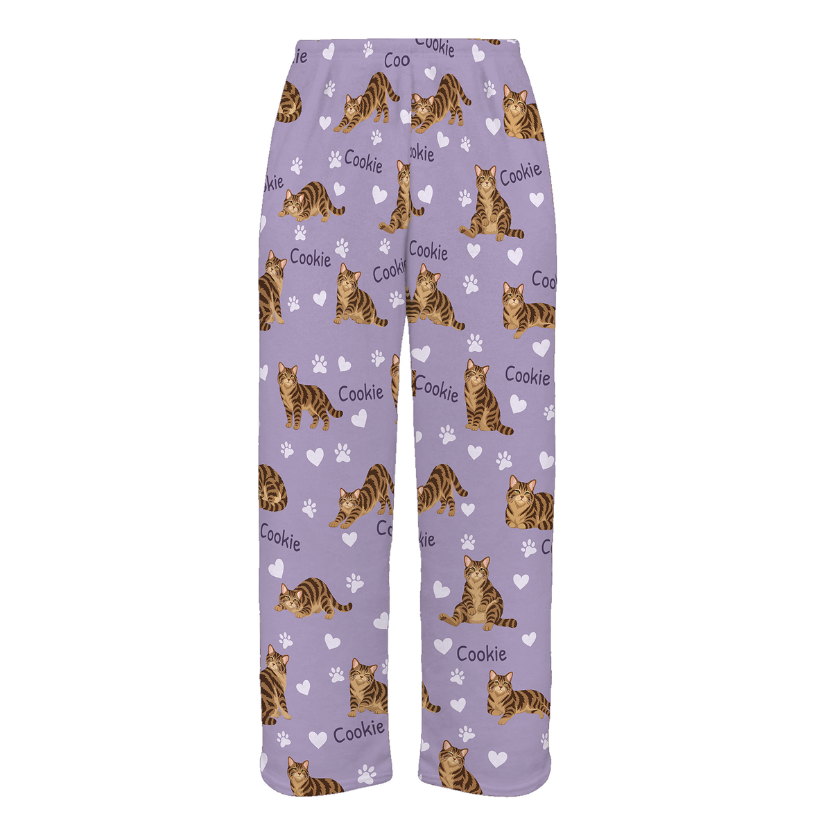 Personalized American Wirehair Brown Tabby Cat Pajama Pants, Custom Pet Name Fleece Trousers — As shown — full-trouser view