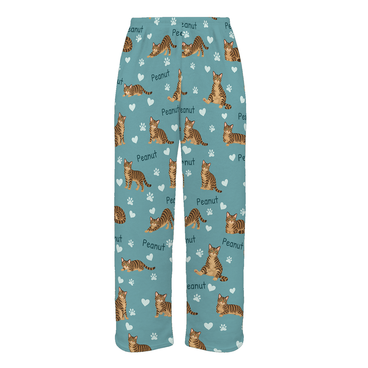 Personalized Domestic Shorthair Brown Mackerel Tabby Cat Pajama Pants, Custom Pet Name Fleece Trousers — 01 Muted Teal — full-trouser view