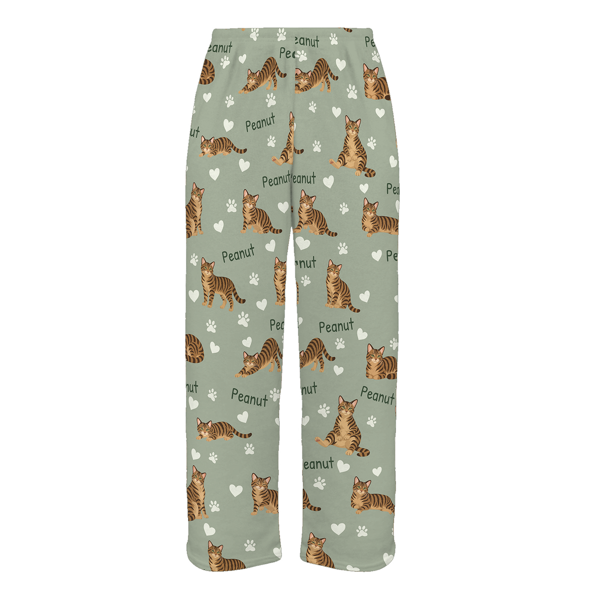 Personalized Domestic Shorthair Brown Mackerel Tabby Cat Pajama Pants, Custom Pet Name Fleece Trousers — 03 Soft Sage — full-trouser view