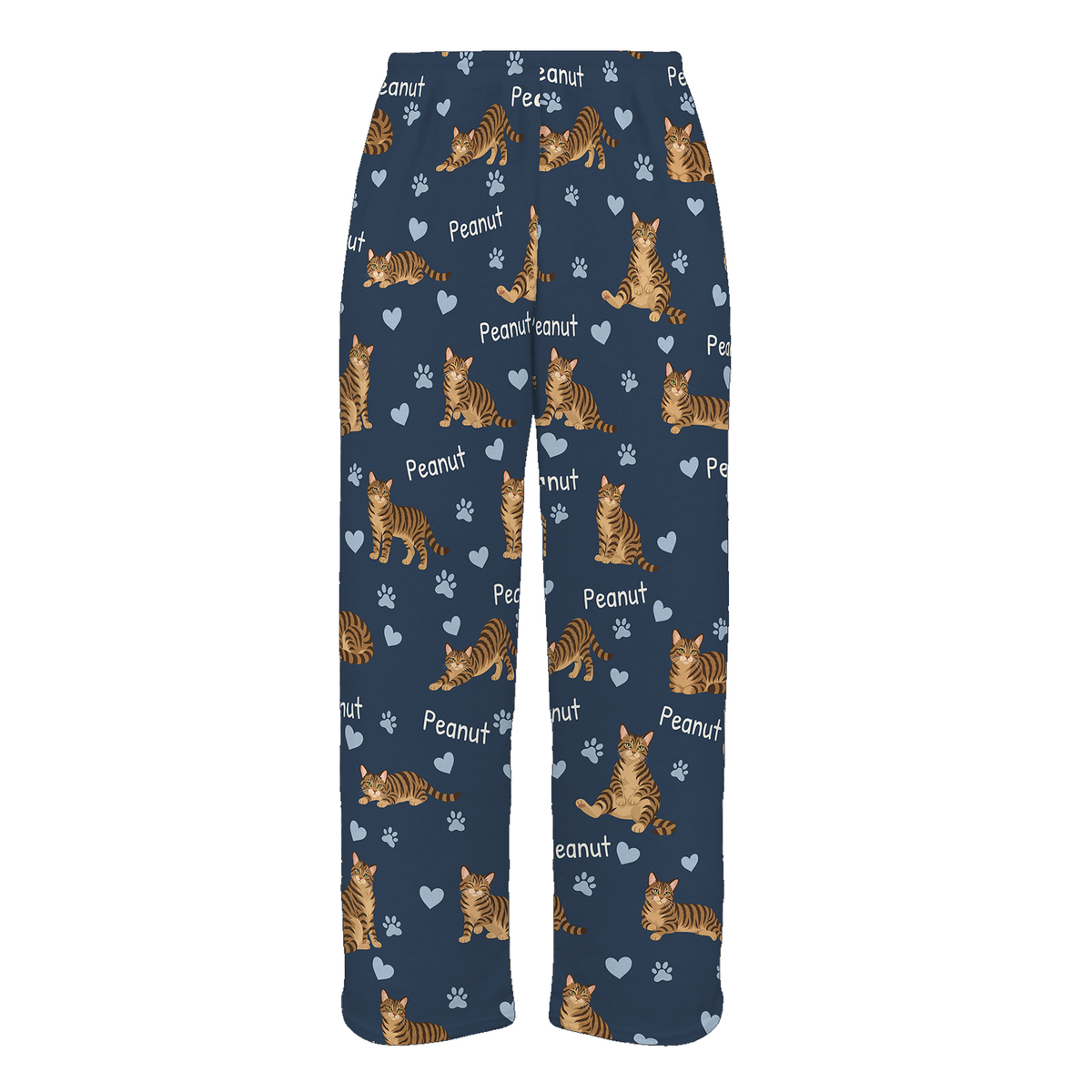 Personalized Domestic Shorthair Brown Mackerel Tabby Cat Pajama Pants, Custom Pet Name Fleece Trousers — 05 Deep Navy — full-trouser view