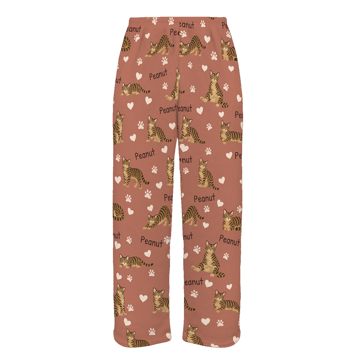Personalized Domestic Shorthair Brown Mackerel Tabby Cat Pajama Pants, Custom Pet Name Fleece Trousers — 06 Muted Terracotta — full-trouser view
