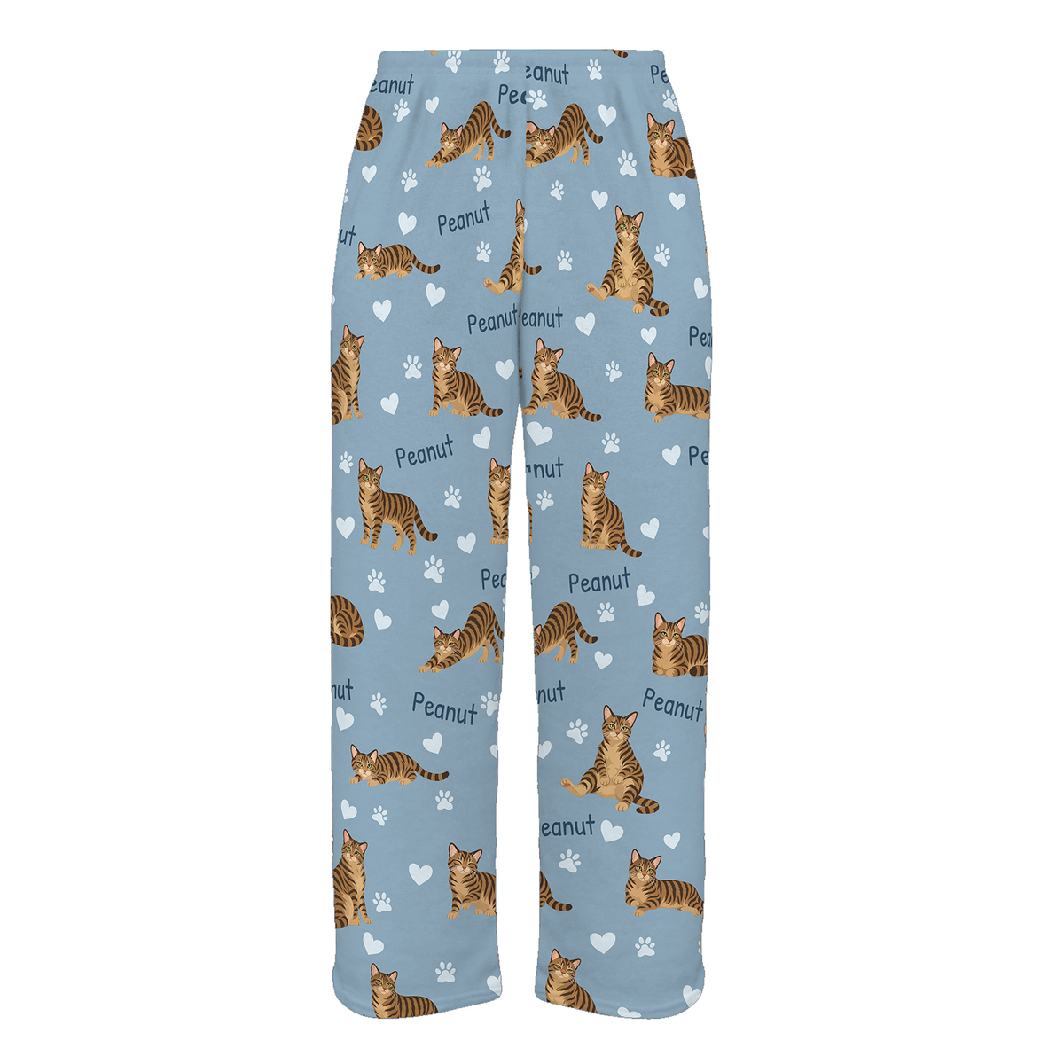 Personalized Domestic Shorthair Brown Mackerel Tabby Cat Pajama Pants, Custom Pet Name Fleece Trousers — As shown — full-trouser view