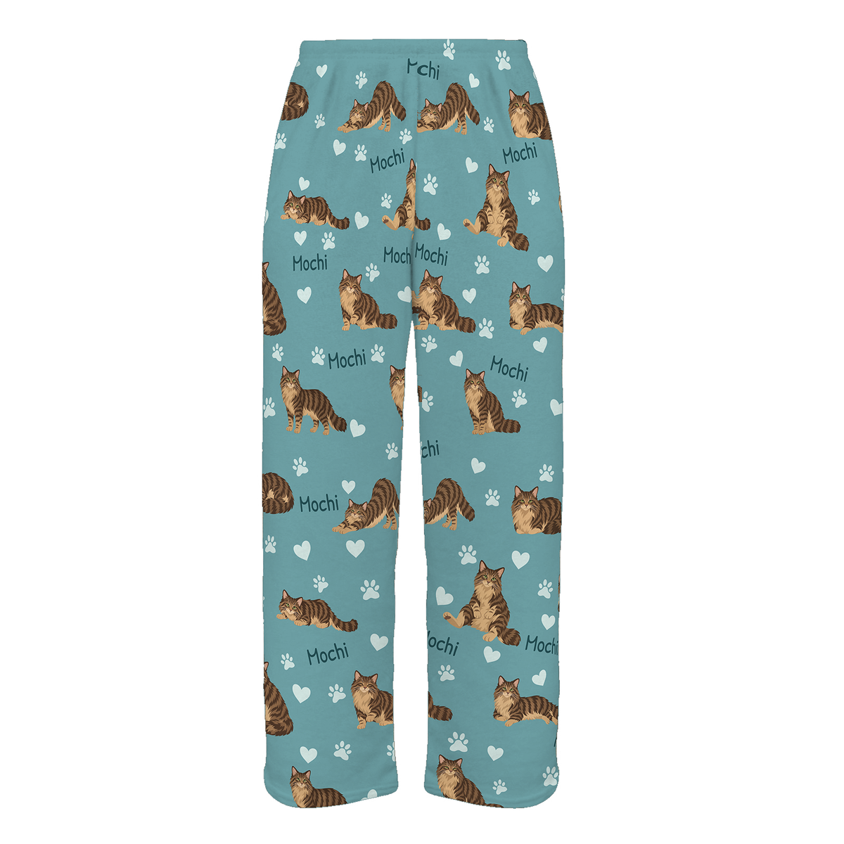 Personalized Domestic Longhair Brown Mackerel Tabby Cat Pajama Pants, Custom Pet Name Fleece Trousers — 01 Muted Teal — full-trouser view
