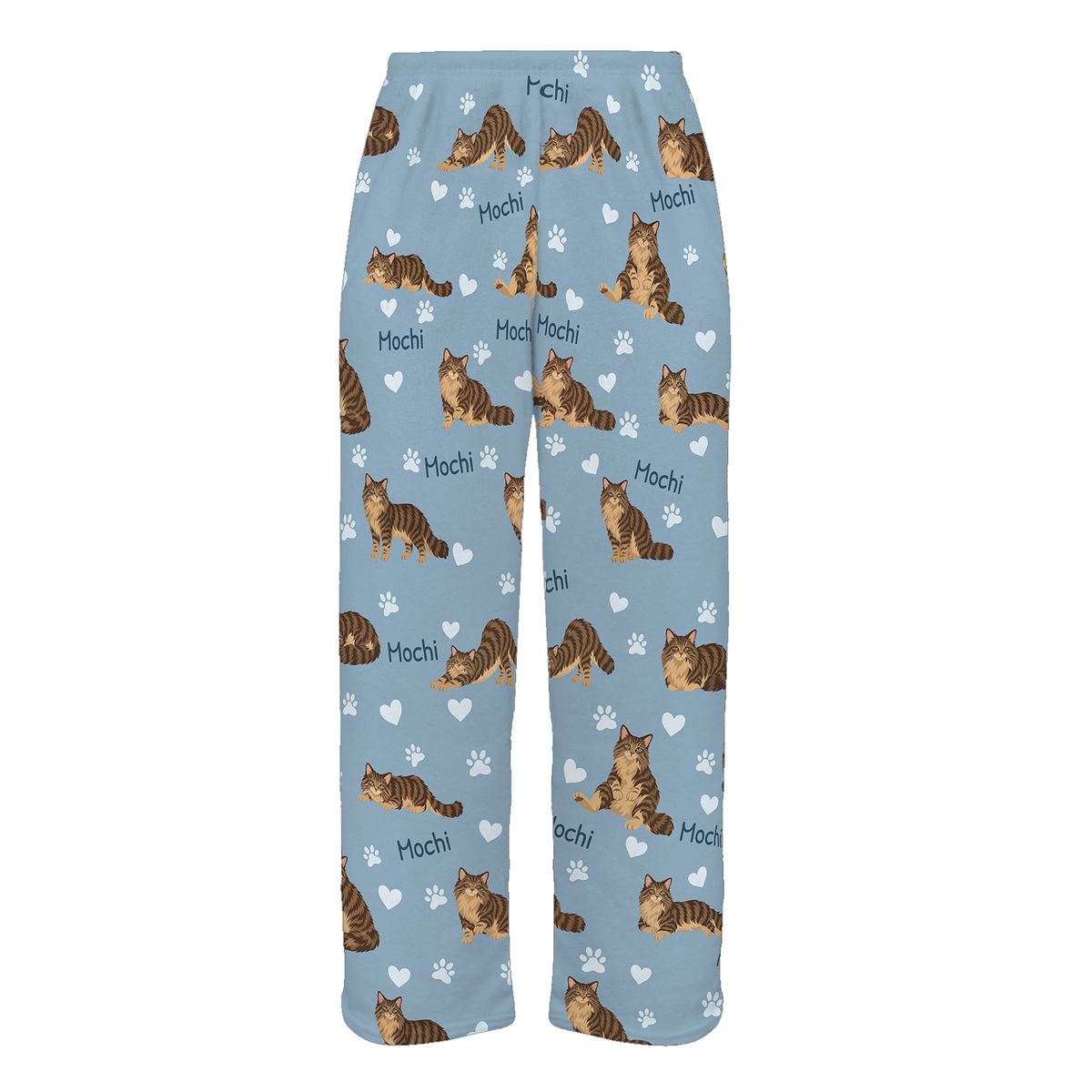 Personalized Domestic Longhair Brown Mackerel Tabby Cat Pajama Pants, Custom Pet Name Fleece Trousers — 02 Dusty Blue — full-trouser view