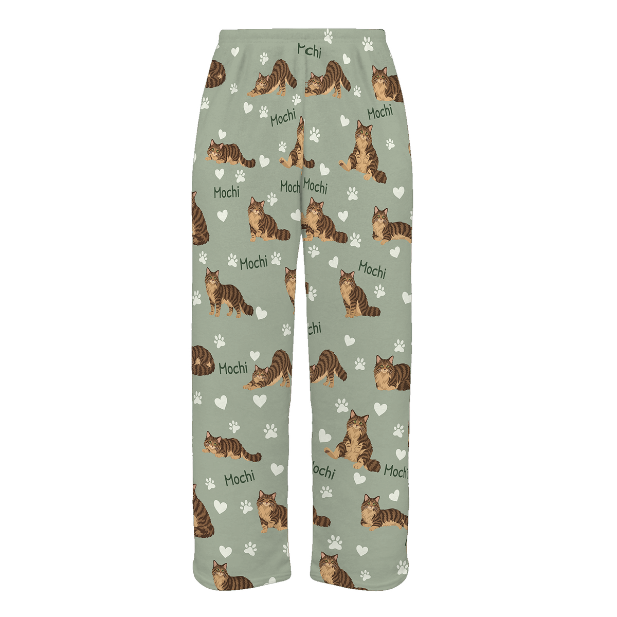 Personalized Domestic Longhair Brown Mackerel Tabby Cat Pajama Pants, Custom Pet Name Fleece Trousers — 03 Soft Sage — full-trouser view