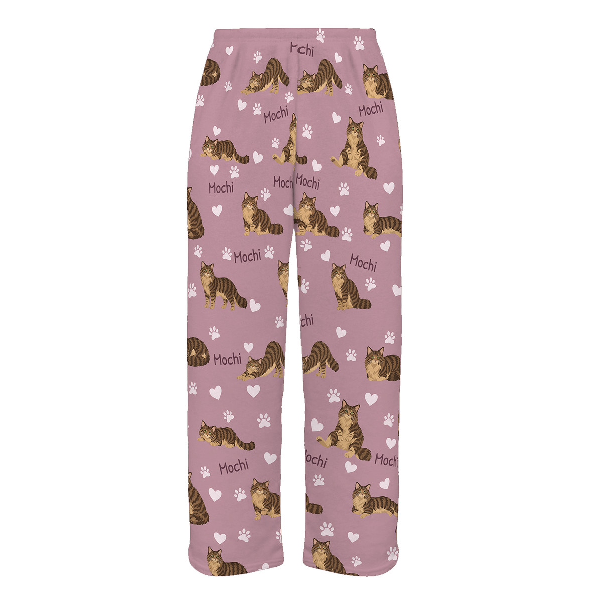 Personalized Domestic Longhair Brown Mackerel Tabby Cat Pajama Pants, Custom Pet Name Fleece Trousers — 04 Dusty Rose — full-trouser view