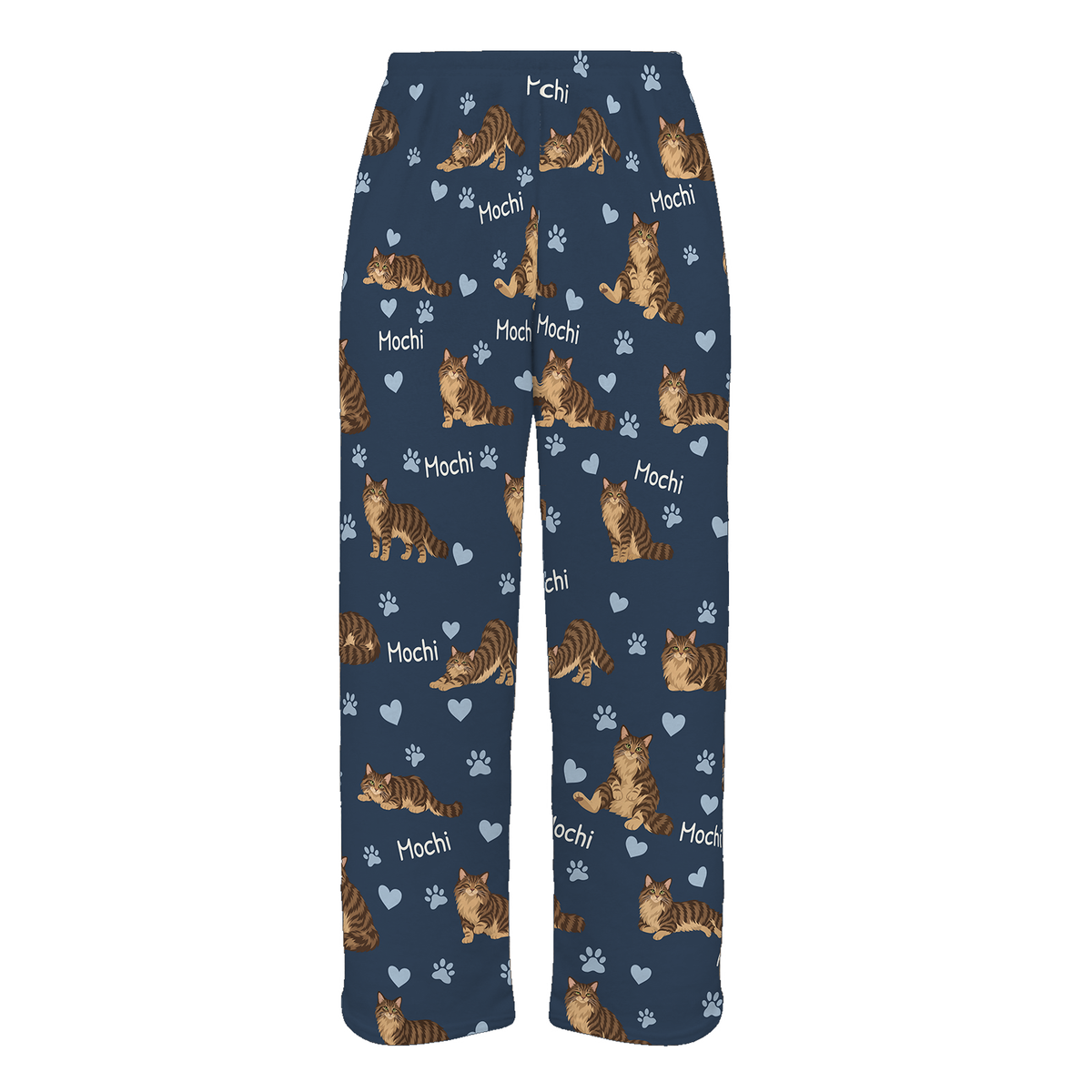 Personalized Domestic Longhair Brown Mackerel Tabby Cat Pajama Pants, Custom Pet Name Fleece Trousers — 05 Deep Navy — full-trouser view