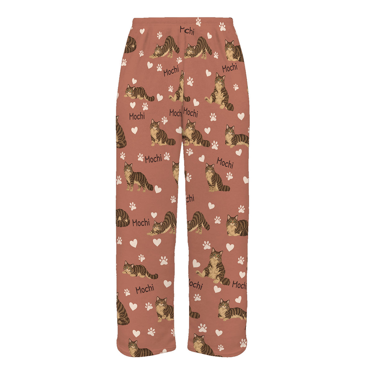 Personalized Domestic Longhair Brown Mackerel Tabby Cat Pajama Pants, Custom Pet Name Fleece Trousers — 06 Muted Terracotta — full-trouser view