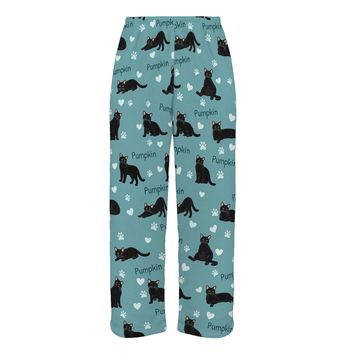 Personalized Domestic Shorthair Black Cat Pajama Pants, Custom Pet Name Fleece Trousers — 01 Muted Teal — full-trouser view