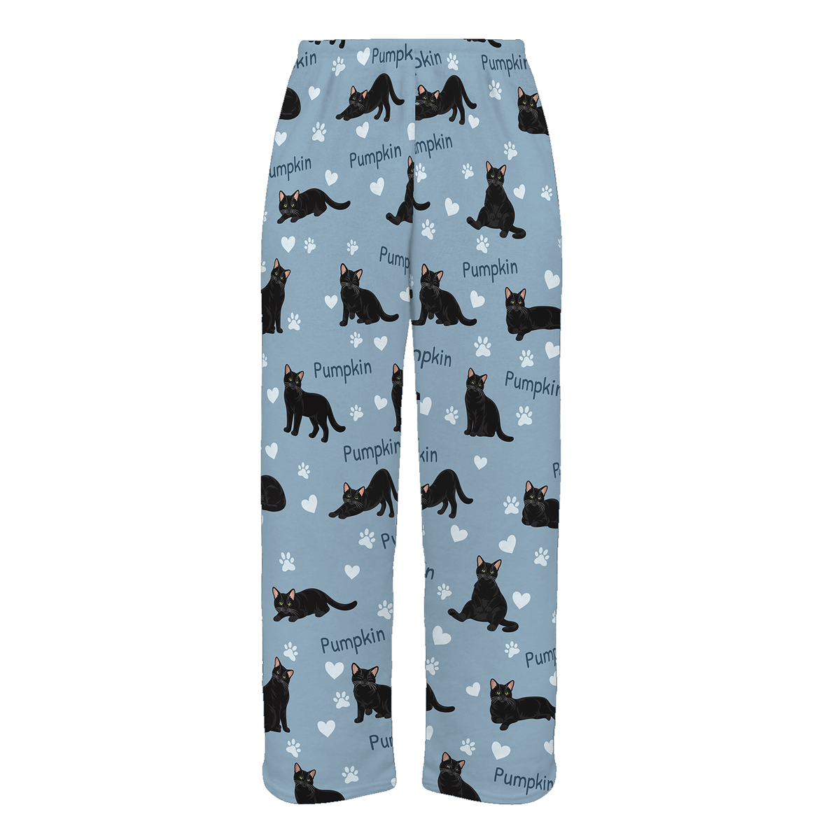 Personalized Domestic Shorthair Black Cat Pajama Pants, Custom Pet Name Fleece Trousers — 02 Dusty Blue — full-trouser view
