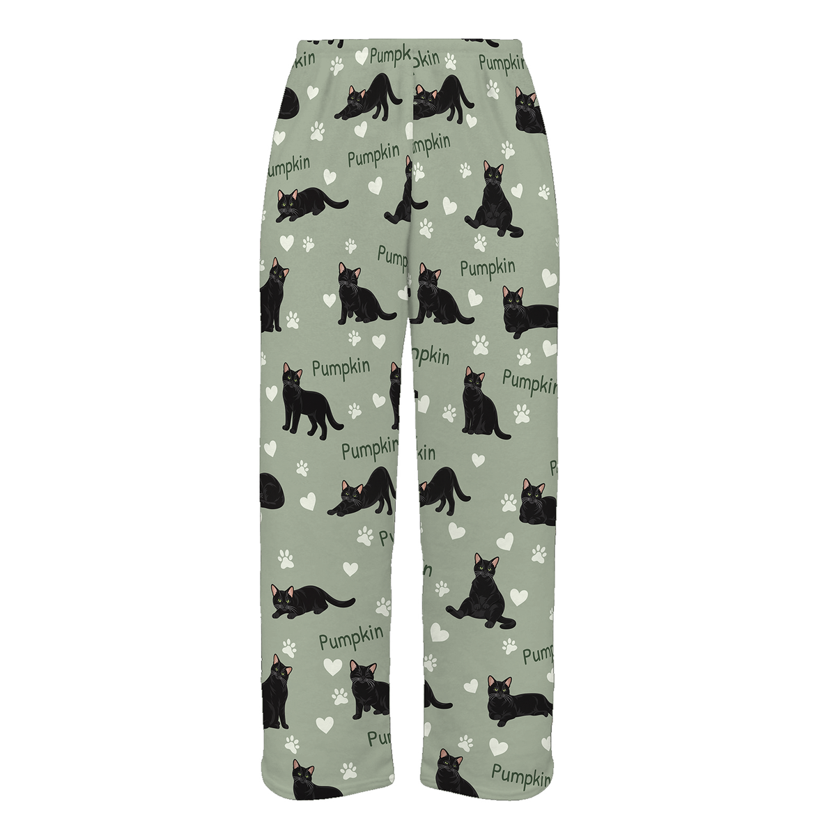 Personalized Domestic Shorthair Black Cat Pajama Pants, Custom Pet Name Fleece Trousers — 03 Soft Sage — full-trouser view
