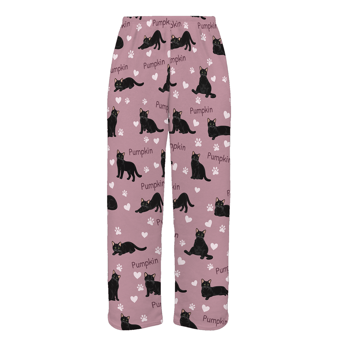 Personalized Domestic Shorthair Black Cat Pajama Pants, Custom Pet Name Fleece Trousers — 04 Dusty Rose — full-trouser view
