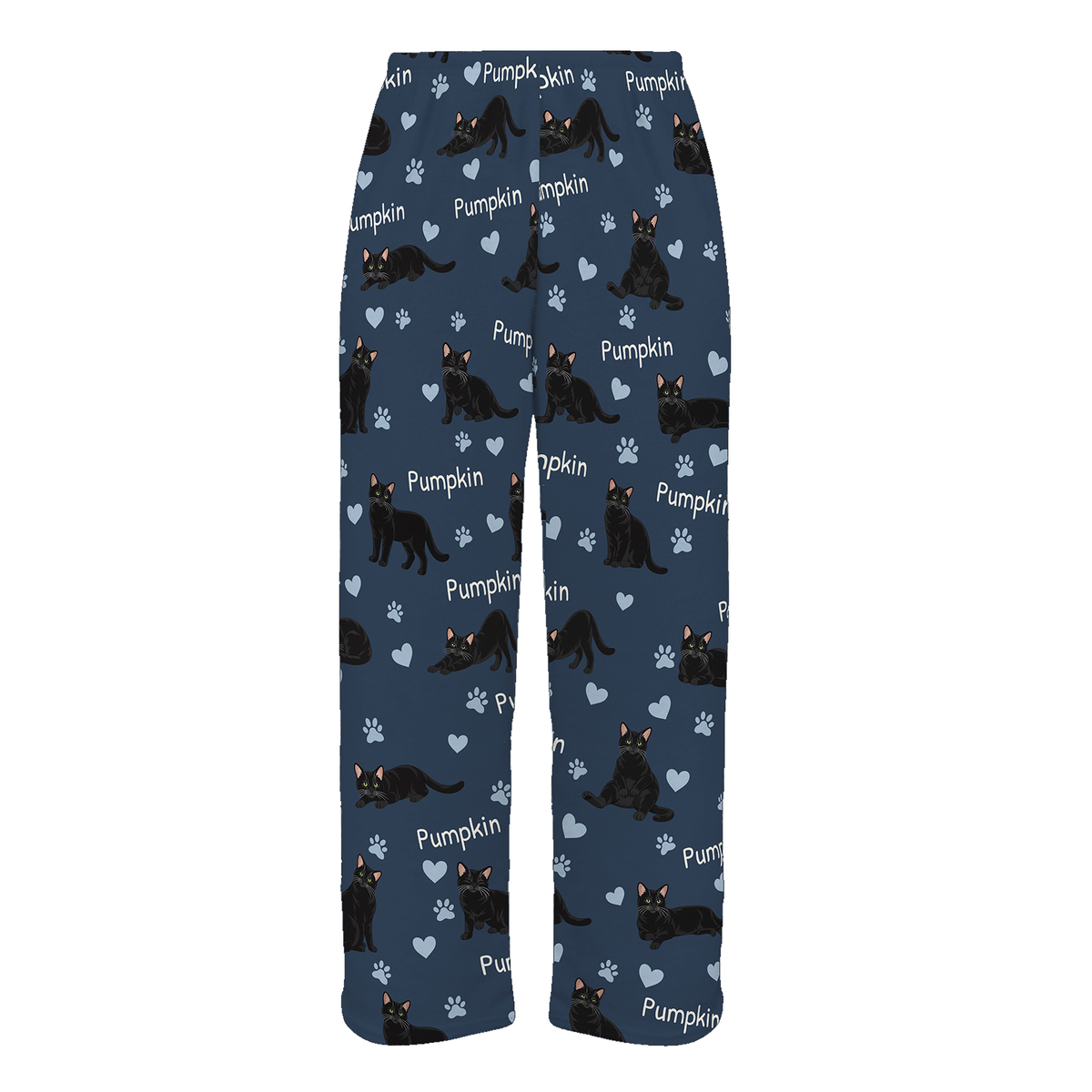 Personalized Domestic Shorthair Black Cat Pajama Pants, Custom Pet Name Fleece Trousers — 05 Deep Navy — full-trouser view