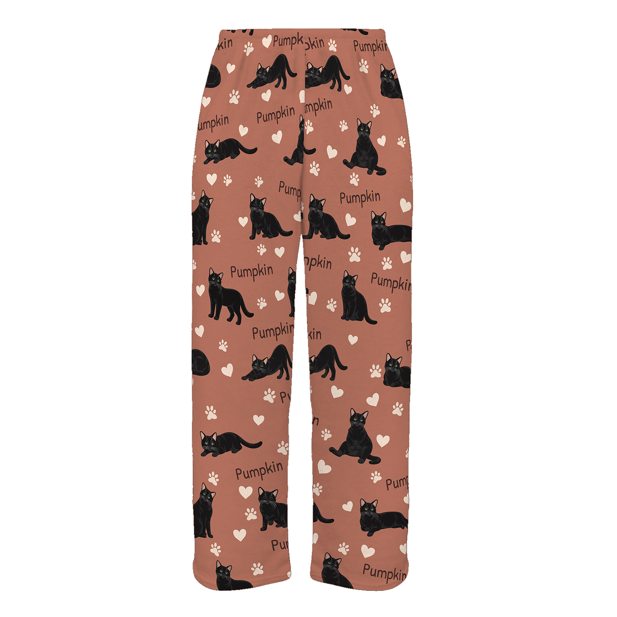 Personalized Domestic Shorthair Black Cat Pajama Pants, Custom Pet Name Fleece Trousers — 06 Muted Terracotta — full-trouser view