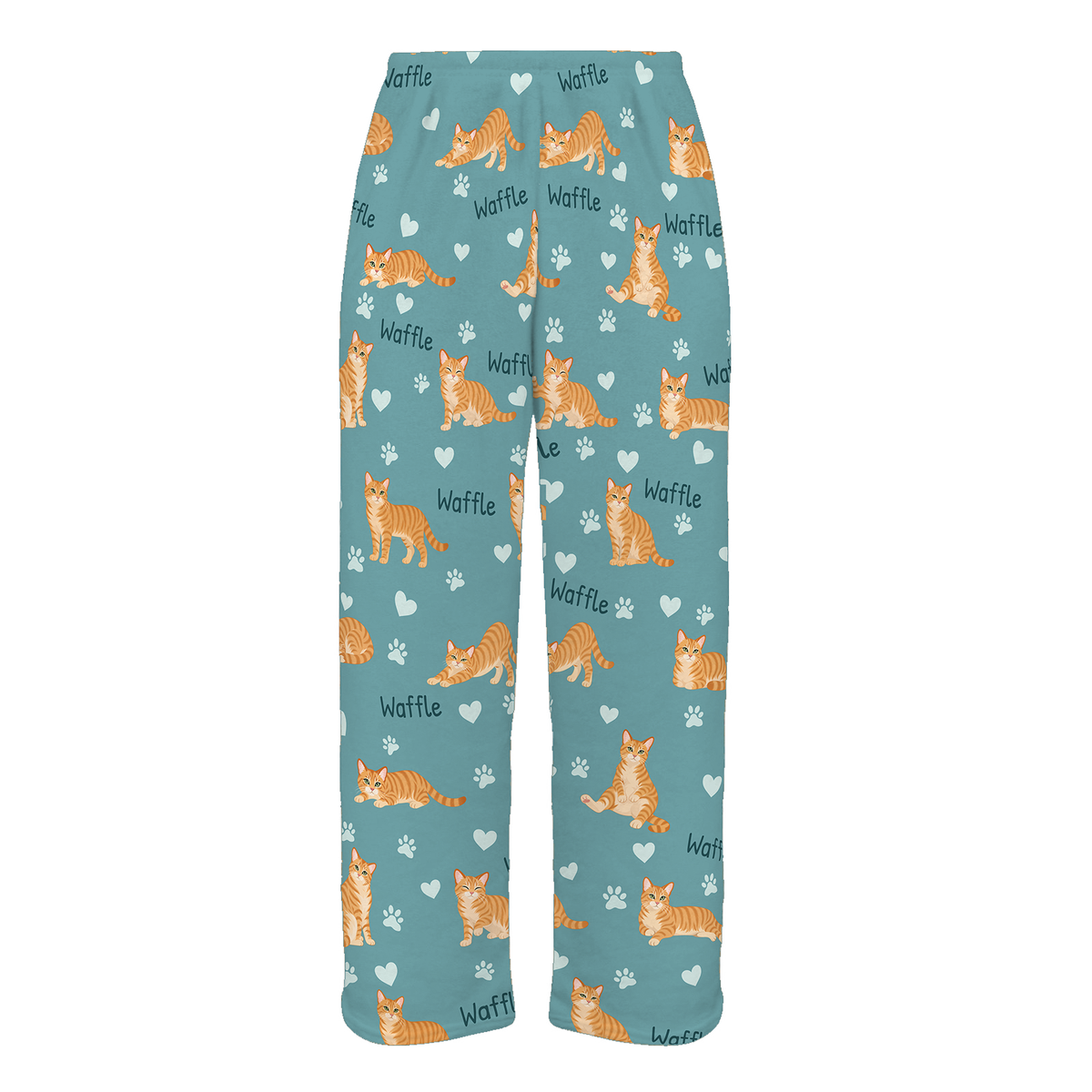 Personalized Domestic Shorthair Orange Cat Pajama Pants, Custom Pet Name Fleece Trousers — 01 Muted Teal — full-trouser view