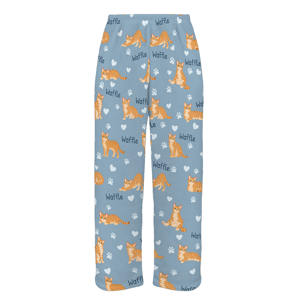 Personalized Domestic Shorthair Orange Cat Pajama Pants, Custom Pet Name Fleece Trousers — 02 Dusty Blue — full-trouser view