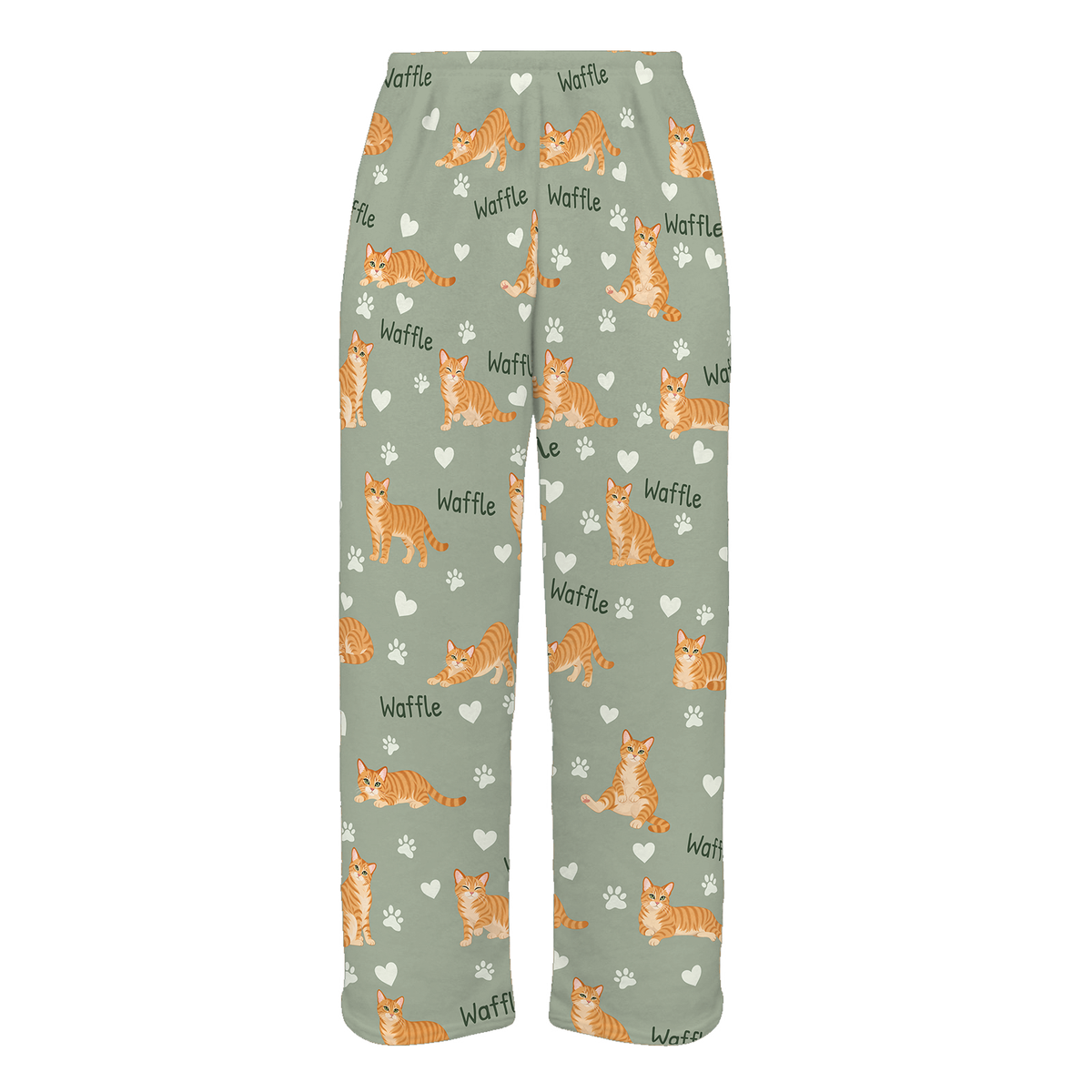 Personalized Domestic Shorthair Orange Cat Pajama Pants, Custom Pet Name Fleece Trousers — 03 Soft Sage — full-trouser view
