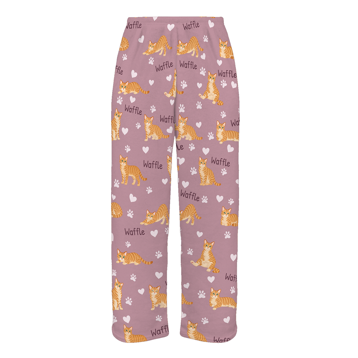 Personalized Domestic Shorthair Orange Cat Pajama Pants, Custom Pet Name Fleece Trousers — 04 Dusty Rose — full-trouser view