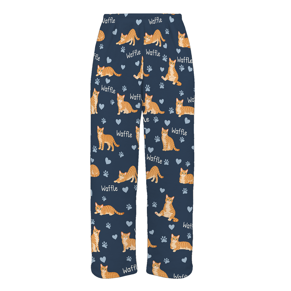 Personalized Domestic Shorthair Orange Cat Pajama Pants, Custom Pet Name Fleece Trousers — 05 Deep Navy — full-trouser view